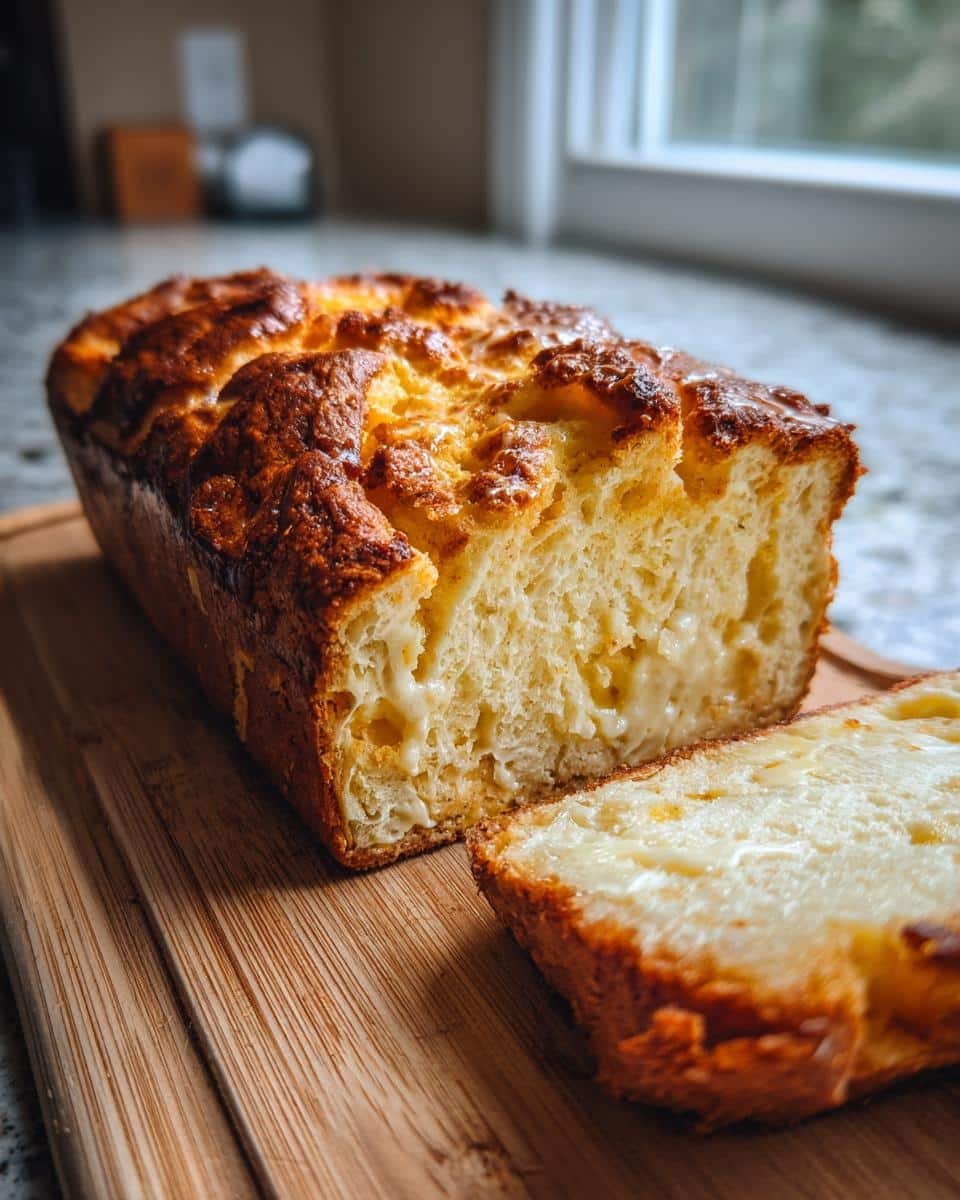 A golden-brown Eggnog French Toast Bake loaf with a slice cut, revealing a creamy interior.
