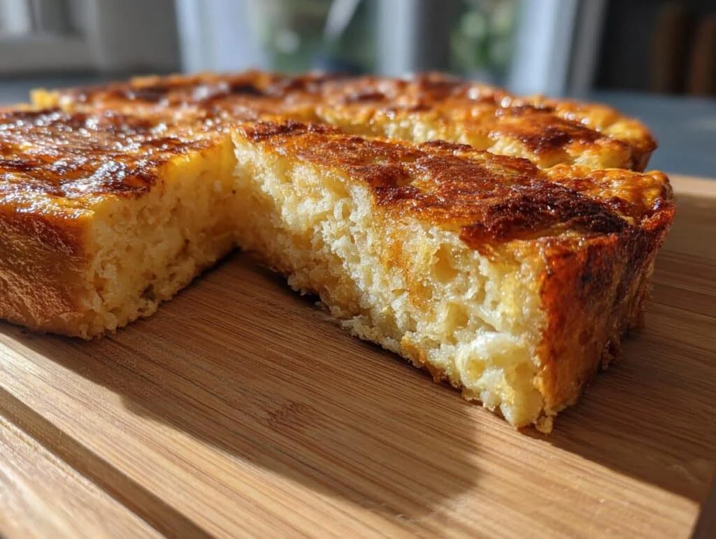 A golden brown slice of Eggnog French Toast Bake on a wooden cutting board, showing its fluffy interior.