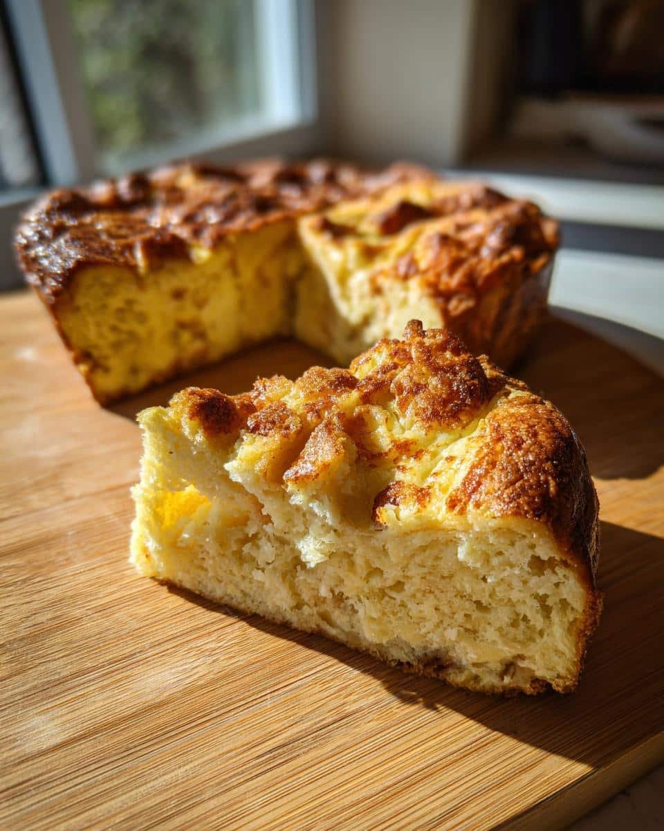A close-up of a slice of Eggnog French Toast Bake on a wooden board, showing its fluffy texture and golden-brown crust.