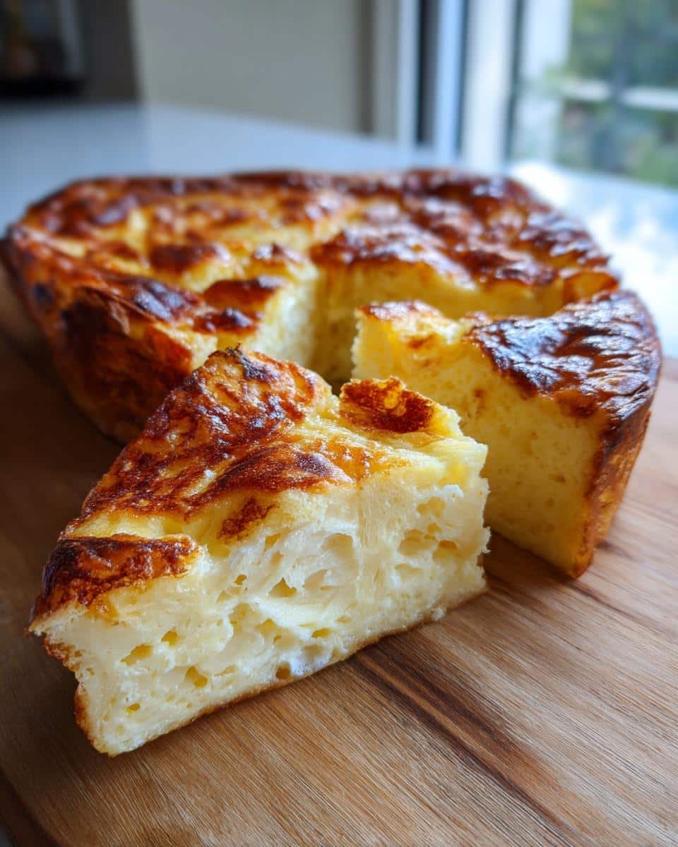 A slice of golden-brown Eggnog French Toast Bake on a wooden board, showing its fluffy interior.