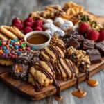 A close-up of a Festive Charcuterie Dessert Board filled with cookies, chocolates, strawberries, raspberries, and caramel dip.