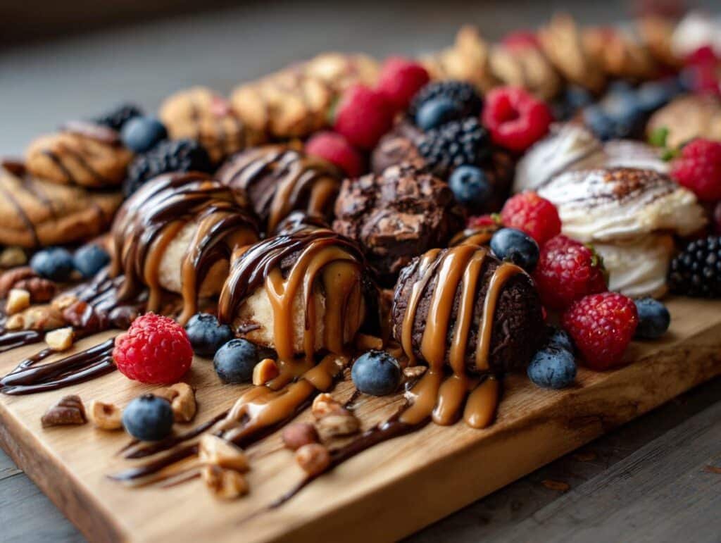 A close-up of a Festive Charcuterie Dessert Board featuring chocolate truffles, cookies, fresh berries, and drizzled caramel and chocolate.