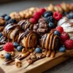 A close-up of a Festive Charcuterie Dessert Board featuring chocolate truffles, cookies, fresh berries, and drizzled caramel and chocolate.