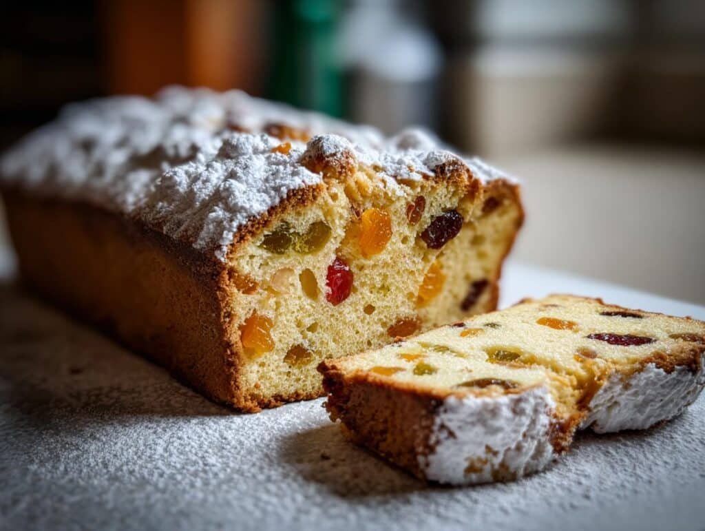 A close-up of a festive Stollen loaf, dusted with powdered sugar and filled with colorful candied fruits and raisins.