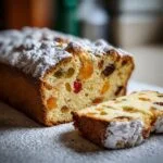 A close-up of a festive Stollen loaf, dusted with powdered sugar and filled with colorful candied fruits and raisins.
