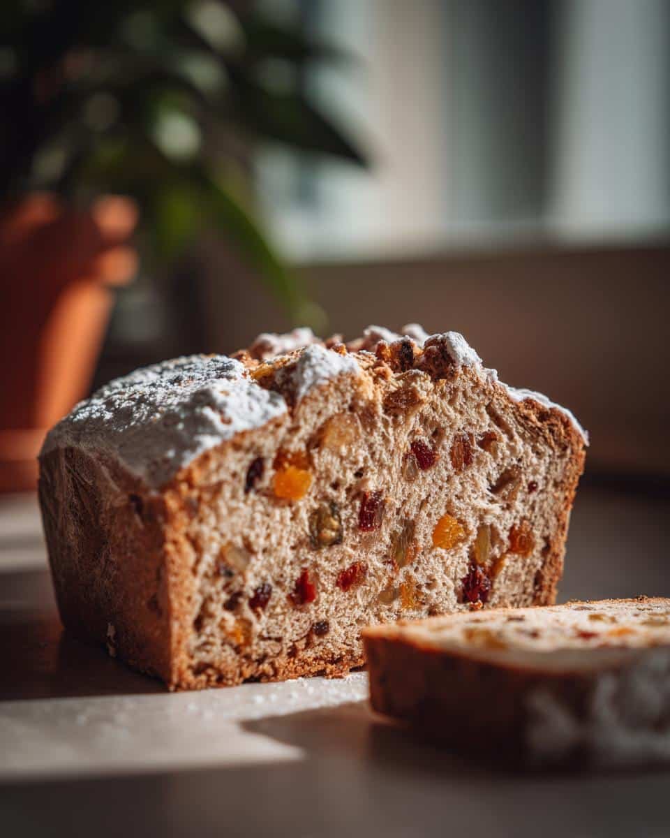 A close-up of a freshly baked Stollen, dusted with powdered sugar and packed with colorful dried fruits.