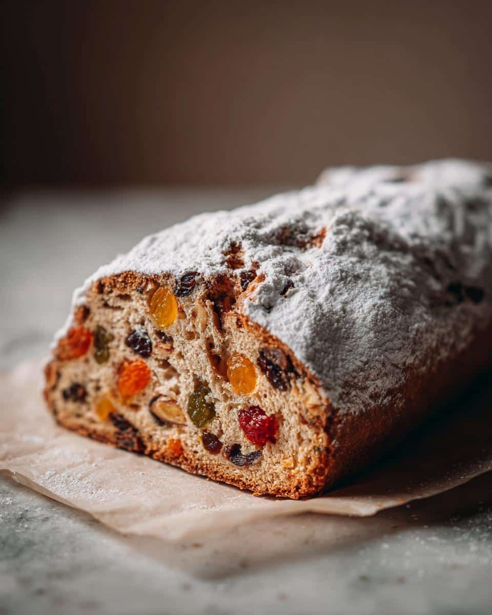 Close-up of a festive Stollen loaf, generously dusted with powdered sugar and filled with colorful dried fruits and nuts.