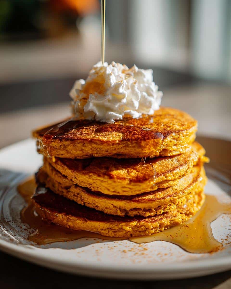 A stack of fluffy Pumpkin Pancakes topped with whipped cream and drizzled with syrup.