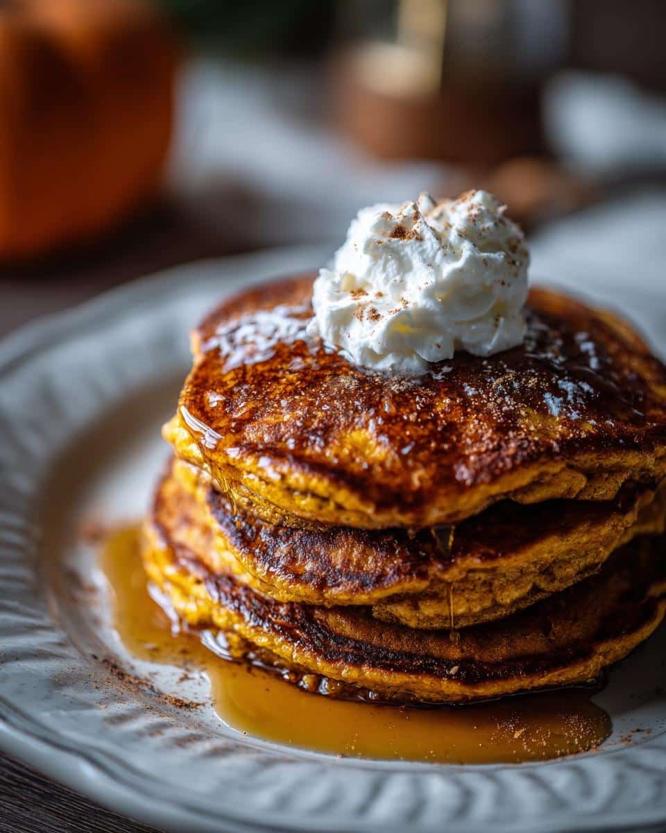 A stack of fluffy Pumpkin Pancakes topped with whipped cream and dusted with cinnamon.