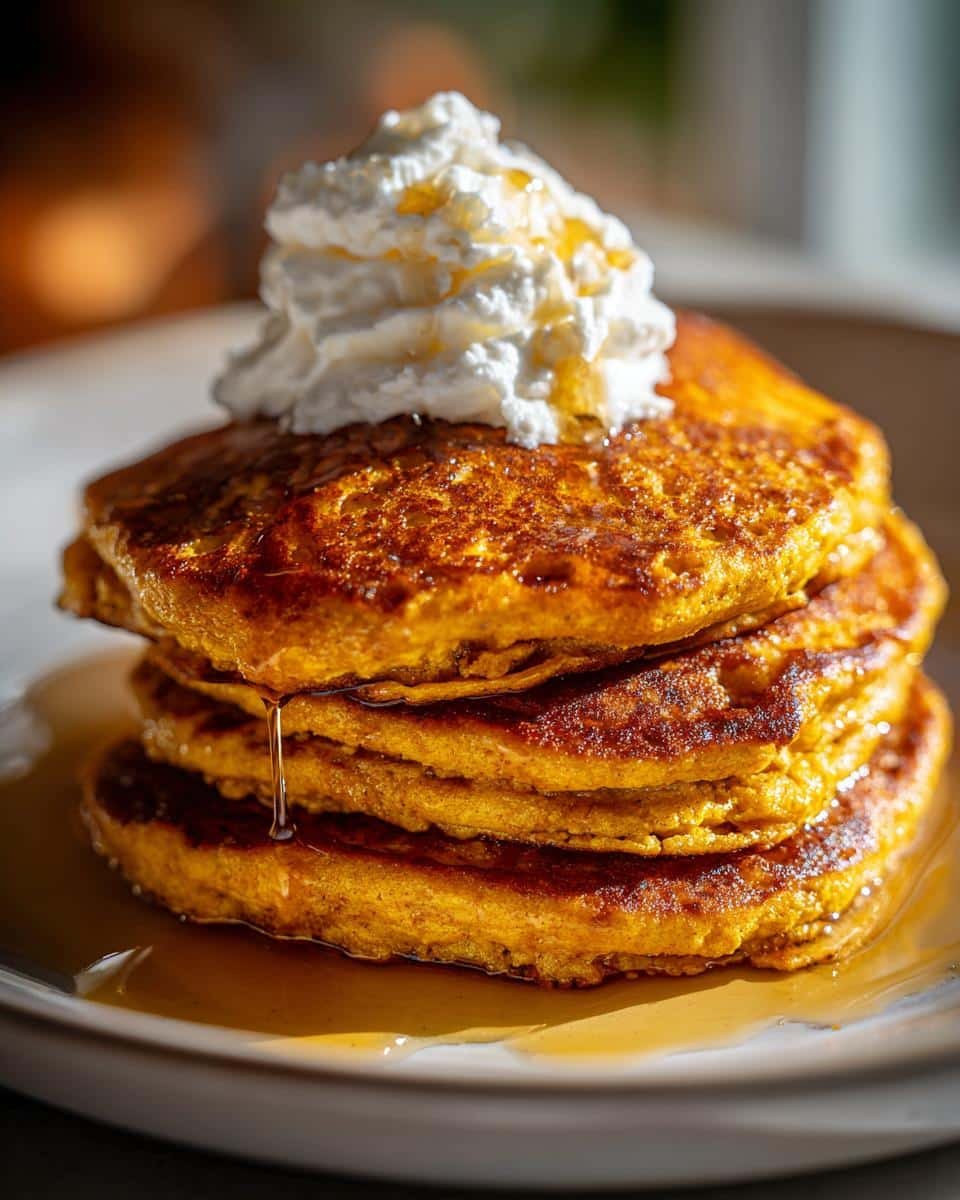 A stack of fluffy Pumpkin Pancakes topped with whipped cream and drizzled with syrup.