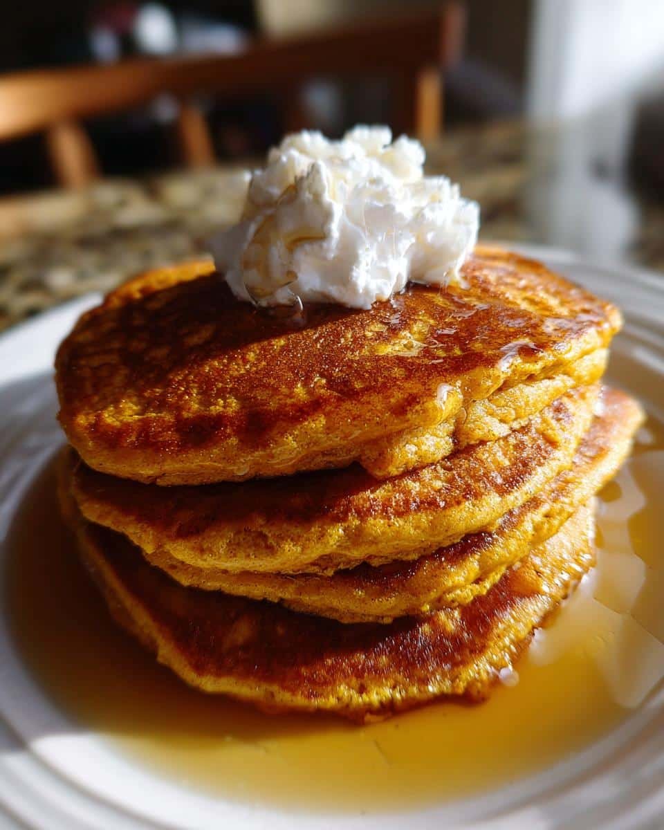 A stack of fluffy pumpkin pancakes topped with whipped cream and syrup.