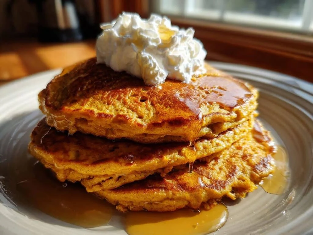 A stack of three fluffy pumpkin pancakes topped with whipped cream and drizzled with maple syrup.