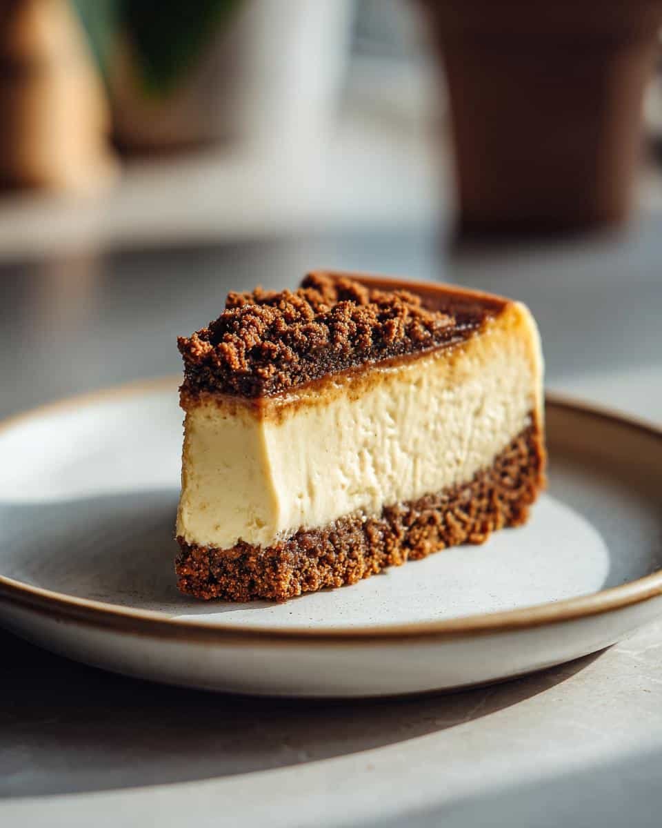 Amazing 1-Bowl Gingerbread Cheesecake 6 A delicious slice of Gingerbread Cheesecake with a crumb topping on a white plate.