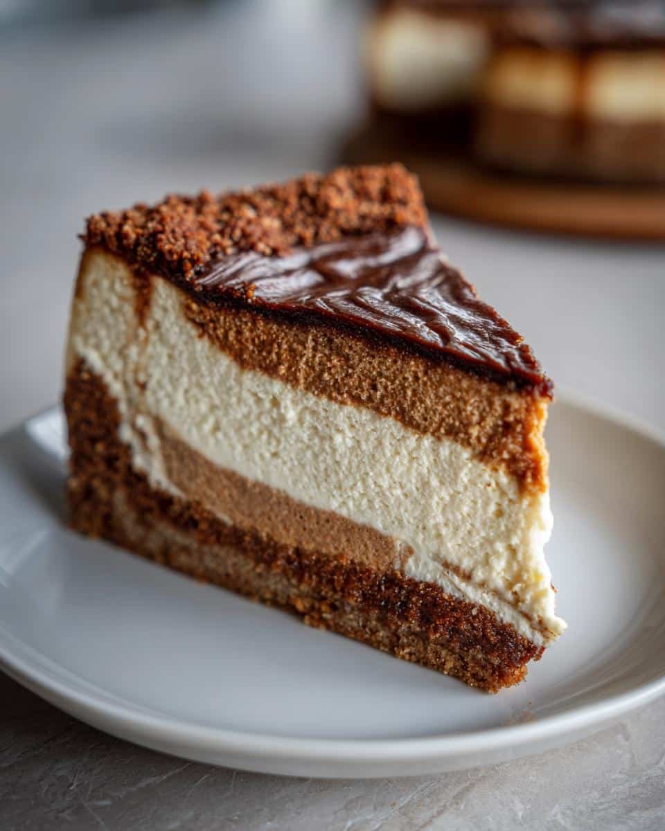 Amazing 1-Bowl Gingerbread Cheesecake 8 A delicious slice of Gingerbread Cheesecake with layers of gingerbread cake, cheesecake filling, and chocolate ganache.