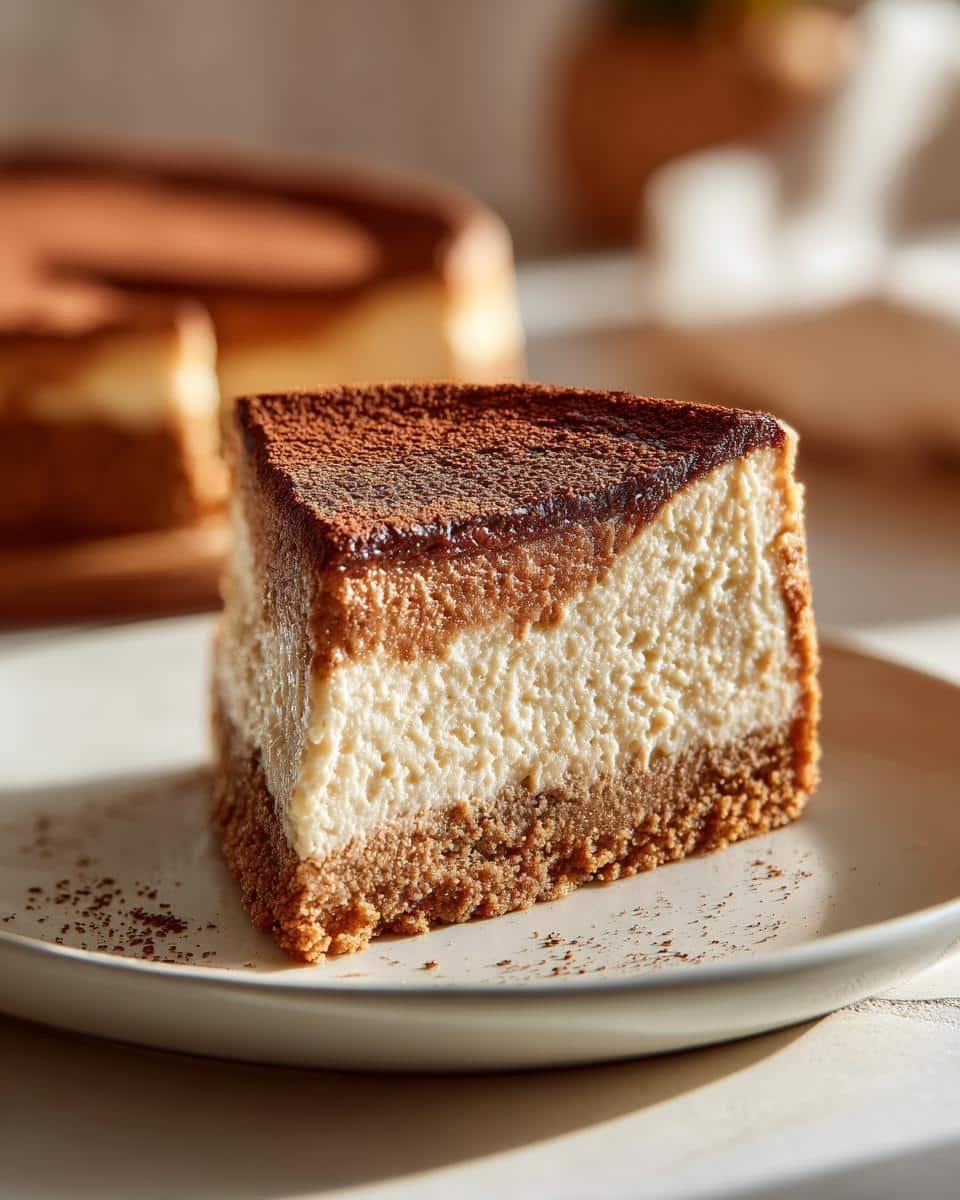 Amazing 1-Bowl Gingerbread Cheesecake 9 A slice of rich Gingerbread Cheesecake topped with cocoa powder, served on a white plate.