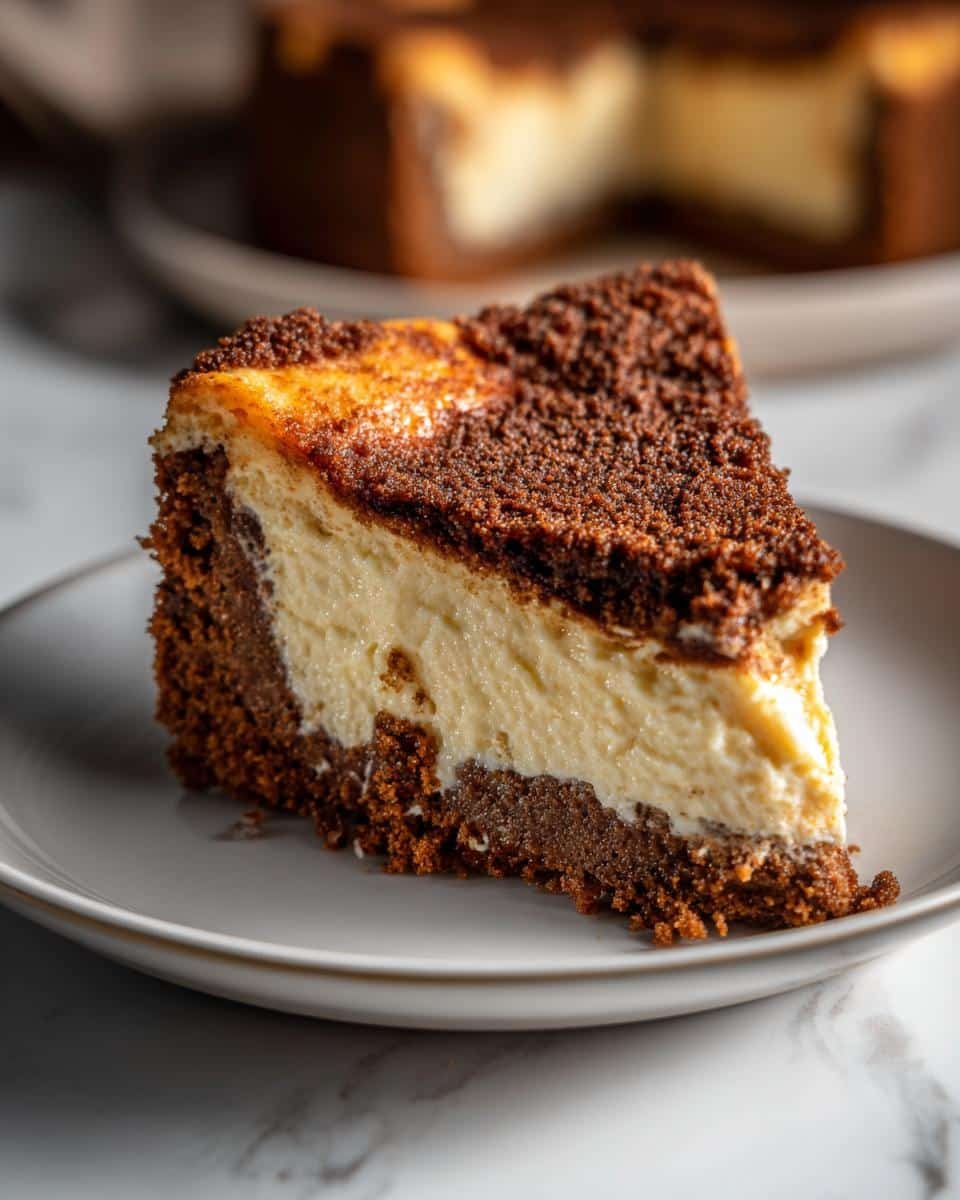 Amazing 1-Bowl Gingerbread Cheesecake 7 A slice of rich Gingerbread Cheesecake with a creamy filling and a dark gingerbread crust, topped with chocolate crumble.