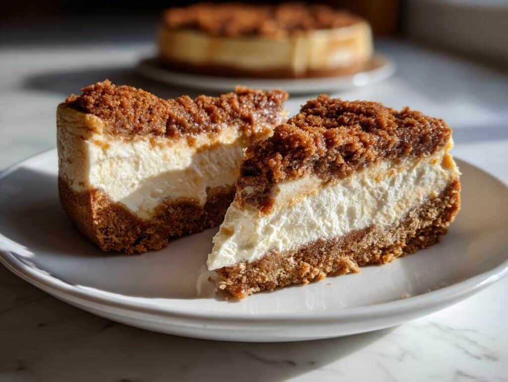 Two slices of rich Gingerbread Cheesecake with a crumb topping on a white plate.