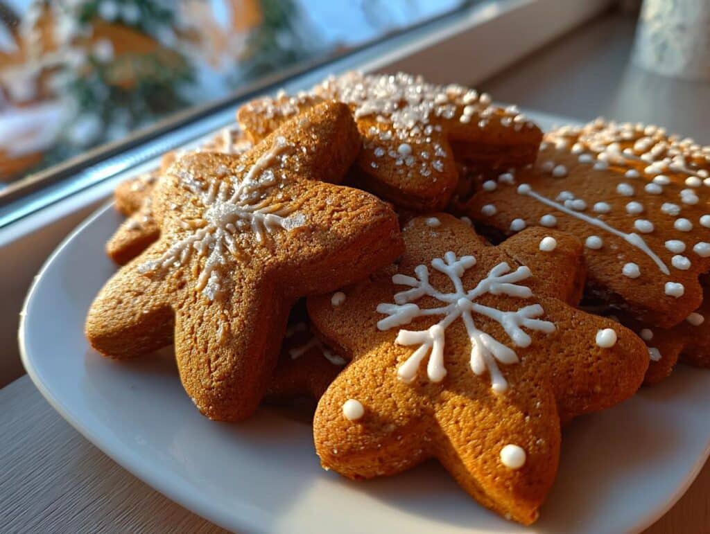 A close-up of delicious gingerbread cookies decorated with white icing snowflakes and dots, perfect for the holidays.