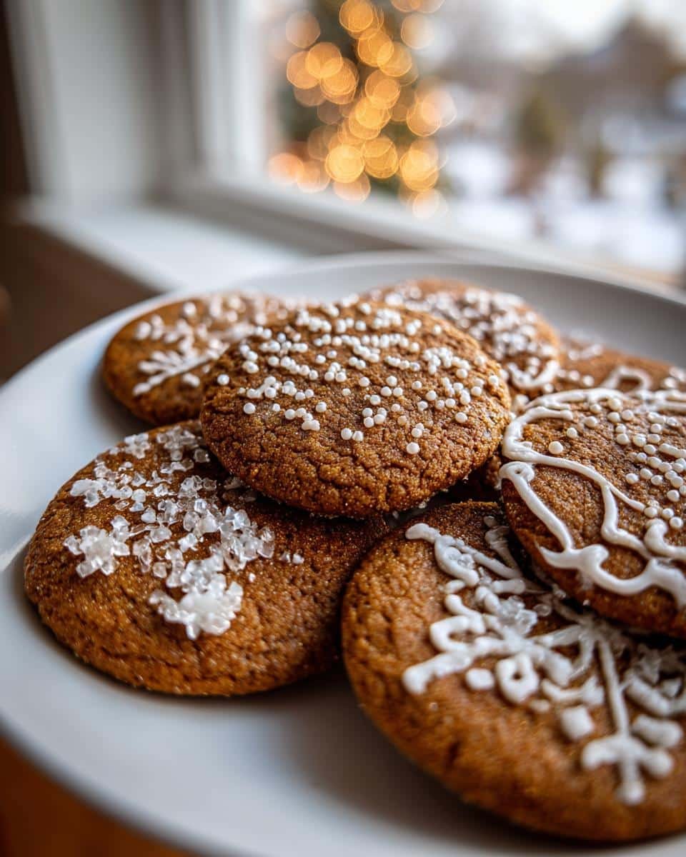 Perfect Gingerbread Cookies: 1 Amazing Holiday Treat 6 A plate of delicious gingerbread cookies, some decorated with white icing and sprinkles, others with coarse sugar. A festive Christmas tree bokeh is visible in the background.