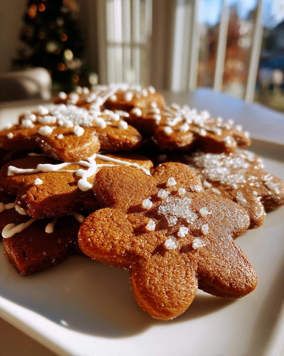 Perfect Gingerbread Cookies: 1 Amazing Holiday Treat 8 A close-up of a stack of perfectly baked gingerbread cookies, decorated with white icing and sugar crystals.