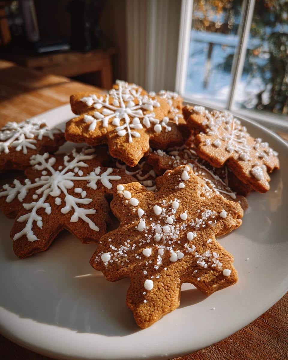 Perfect Gingerbread Cookies: 1 Amazing Holiday Treat 9 A pile of perfectly baked Gingerbread Cookies decorated with white snowflake icing and sugar sprinkles.