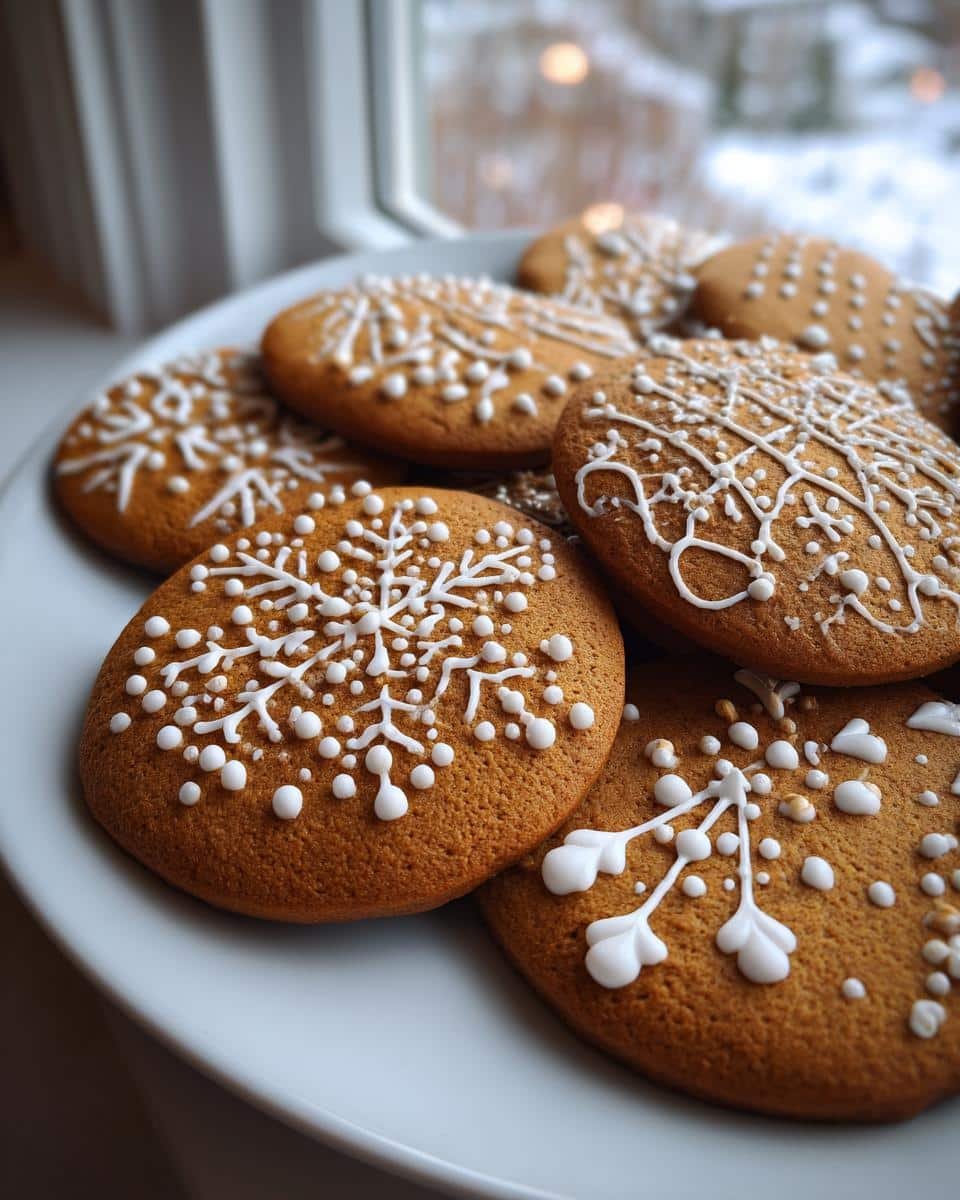 Perfect Gingerbread Cookies: 1 Amazing Holiday Treat 7 A plate of perfectly baked gingerbread cookies decorated with white royal icing in snowflake and dot patterns.