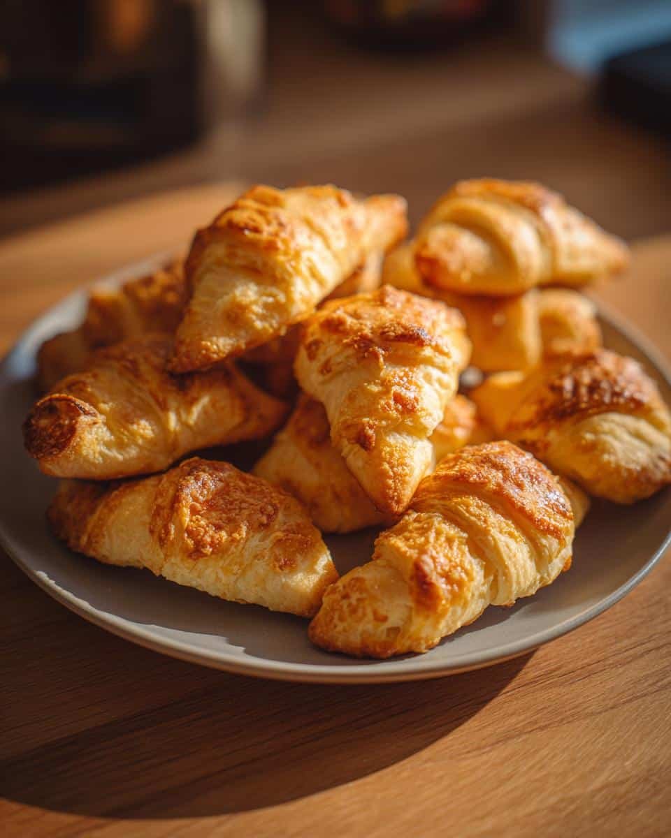 A close-up of a pile of golden-brown baked Rugelach pastries on a grey plate, ready to be enjoyed.