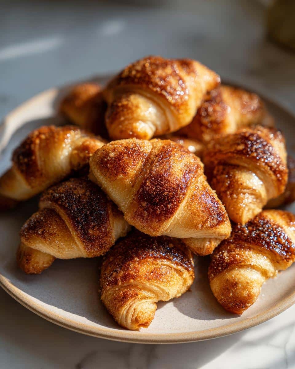 A pile of golden-brown, freshly baked Rugelach dusted with sugar and cinnamon on a light gray plate.