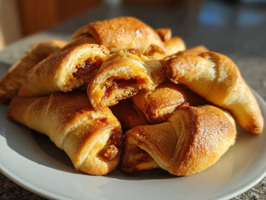 A close-up of a pile of golden-brown baked rugelach on a white plate, with one rugelach broken open to show the filling.