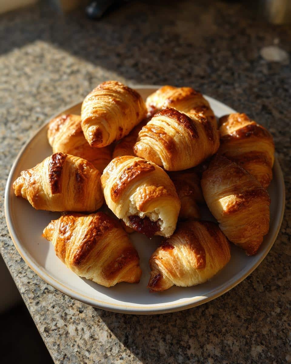 A plate full of freshly baked, golden-brown rugelach with a visible jam filling in one piece.