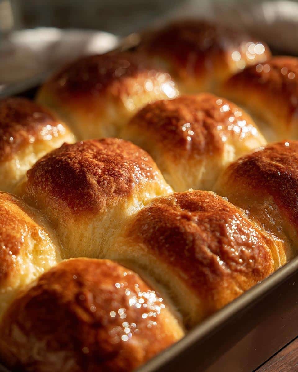Close-up of freshly baked, golden brown dinner rolls glistening in a baking pan.