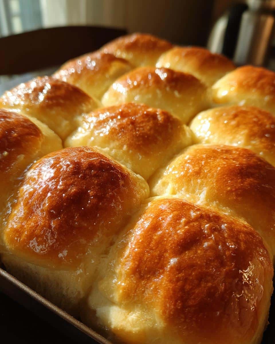 Close-up of a pan filled with golden brown, fluffy dinner rolls, glistening with a light glaze.