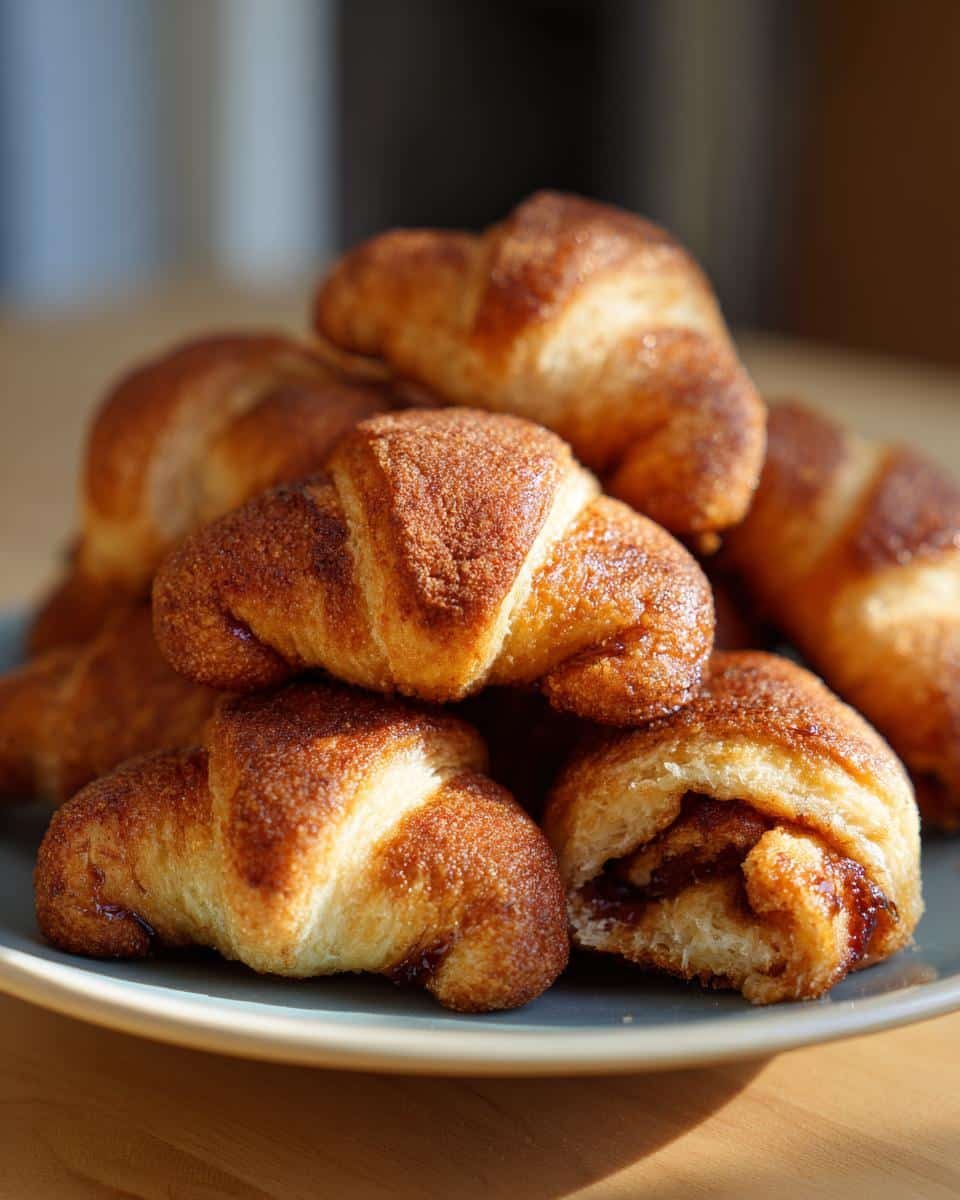 A close-up of a stack of golden brown rugelach pastries, dusted with cinnamon sugar, with one cut open to reveal a jam filling.