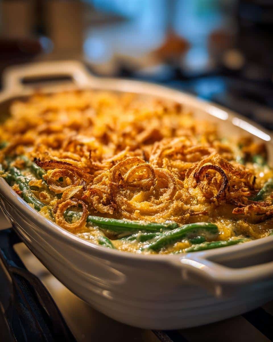 A close-up, warm shot of a freshly baked Green Bean Casserole in a white baking dish, topped with crispy fried onions.