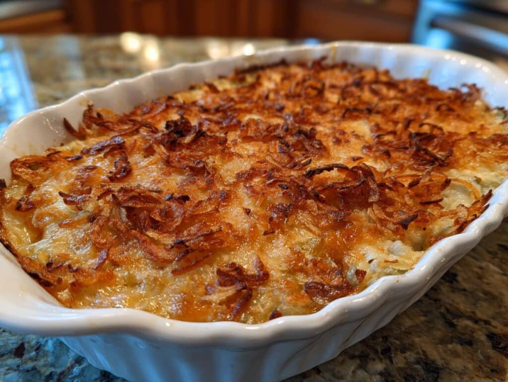 A close-up view of a freshly baked Green Bean Casserole in a white baking dish, topped with crispy fried onions and melted cheese.