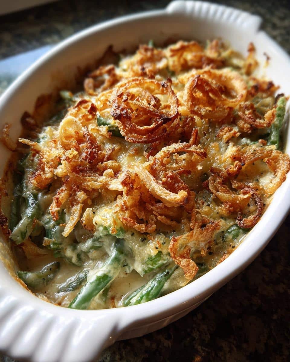 Close-up of a freshly baked Green Bean Casserole topped with golden fried onions and bubbling cheese.