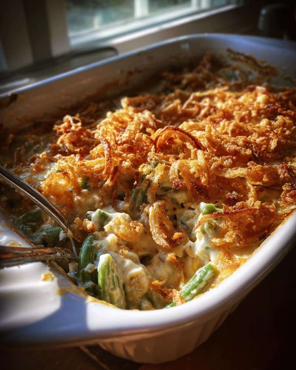 A close-up of a creamy Green Bean Casserole topped with golden crispy fried onions.