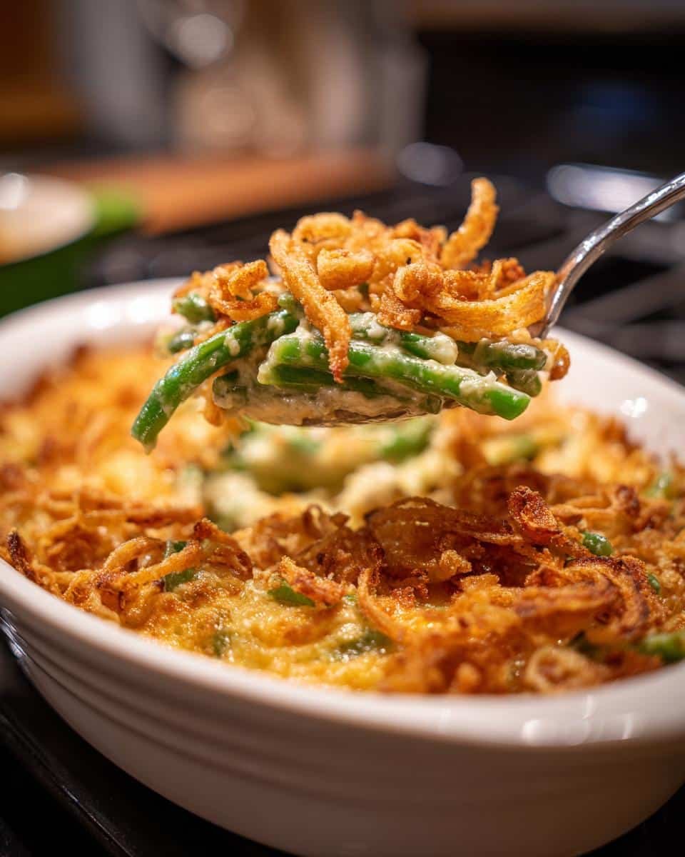 A spoonful of creamy Green Bean Casserole topped with golden crispy fried onions.