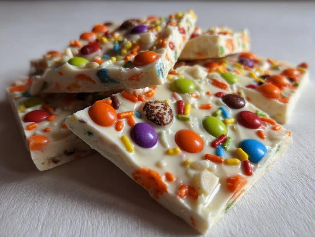 Close-up of several pieces of white chocolate Halloween Candy Bark topped with colorful candies and sprinkles.