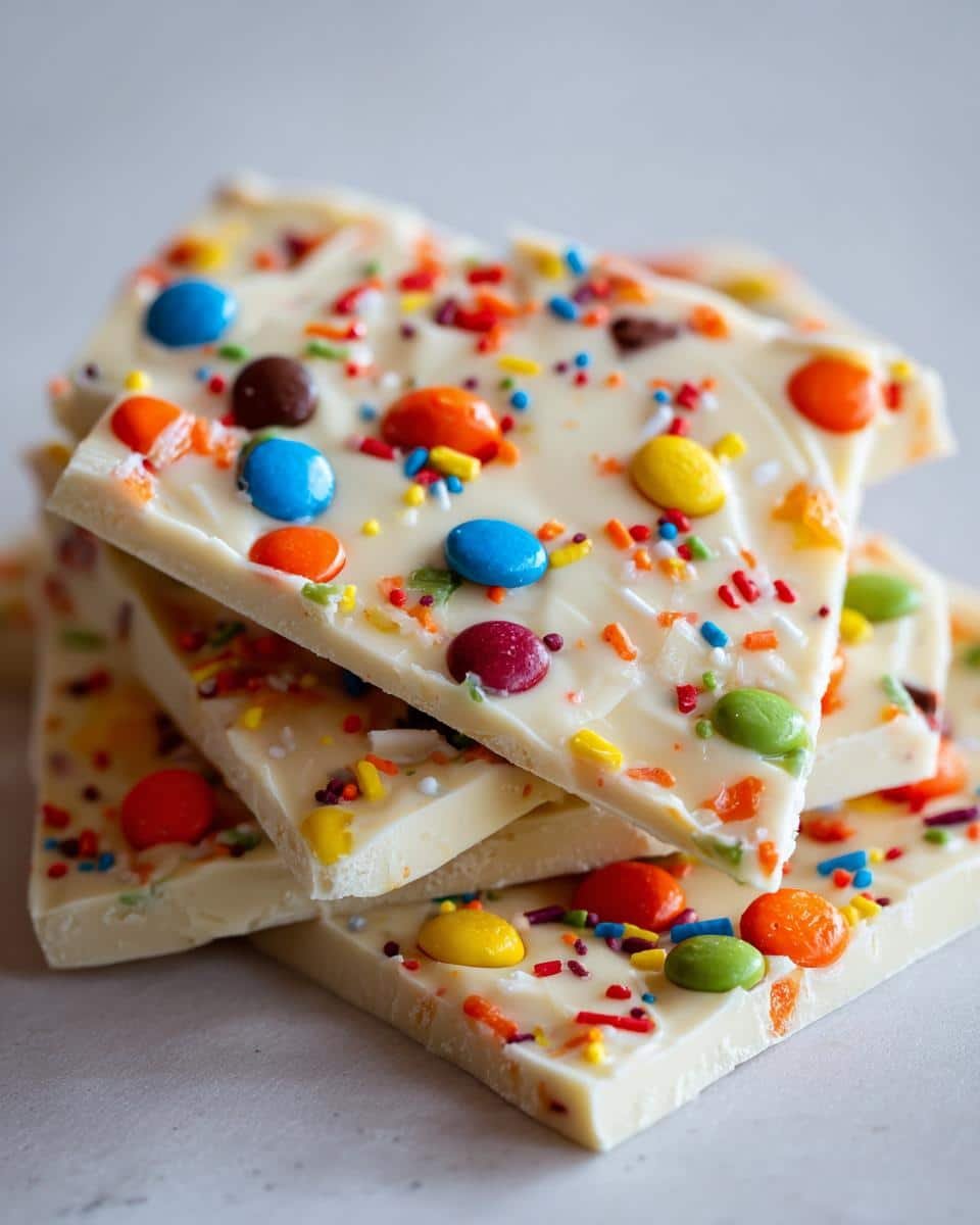 Close-up of stacked white chocolate Halloween Candy Bark pieces, adorned with colorful candies and sprinkles.