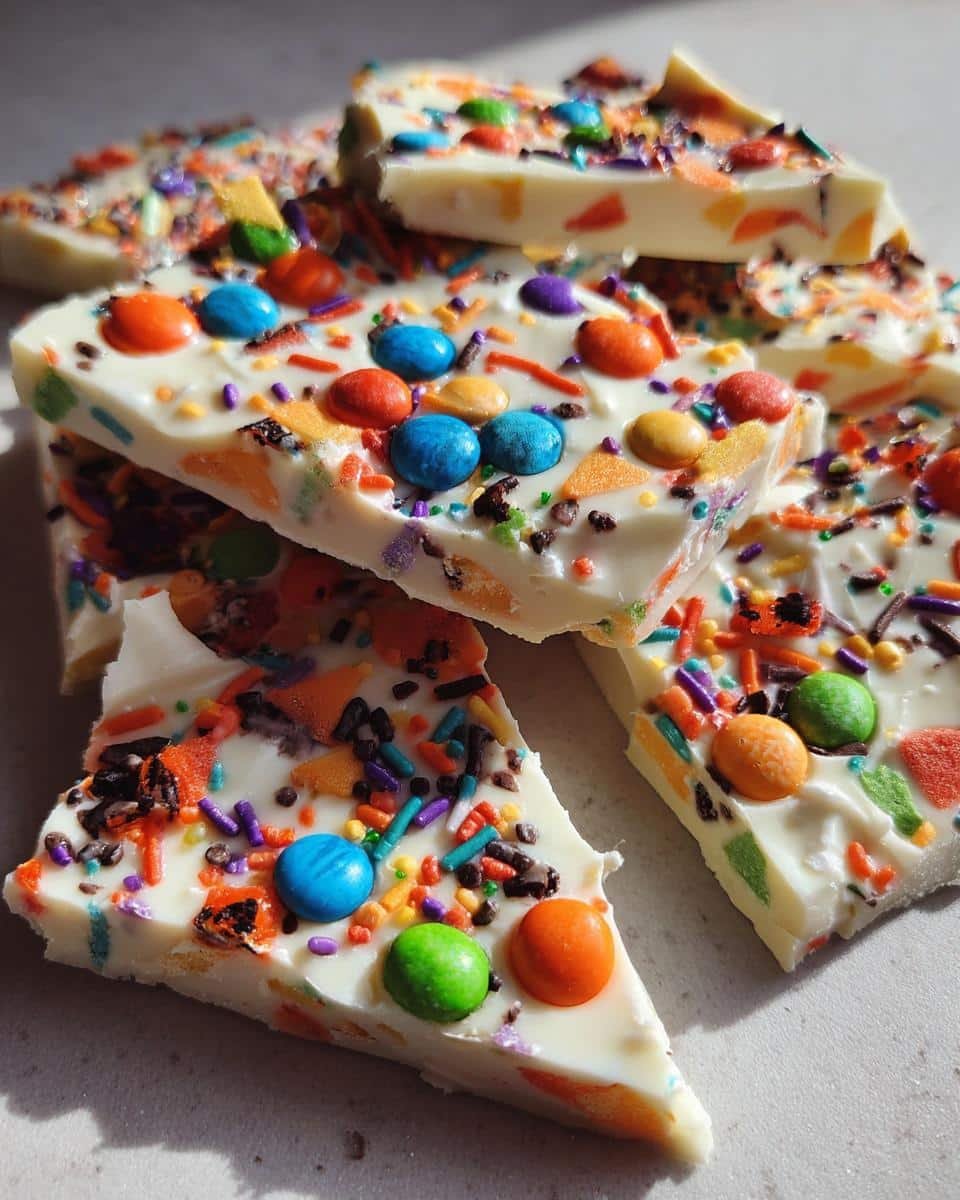 Close-up of white chocolate Halloween Candy Bark broken into pieces, topped with colorful candies and sprinkles.