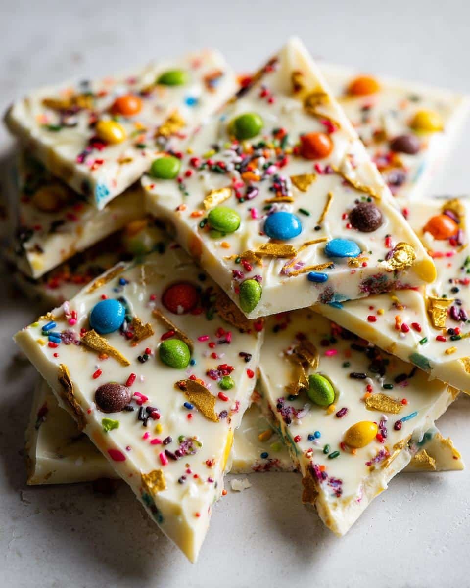 Close-up of triangular slices of white Halloween Candy Bark topped with colorful candies, sprinkles, and gold flakes.