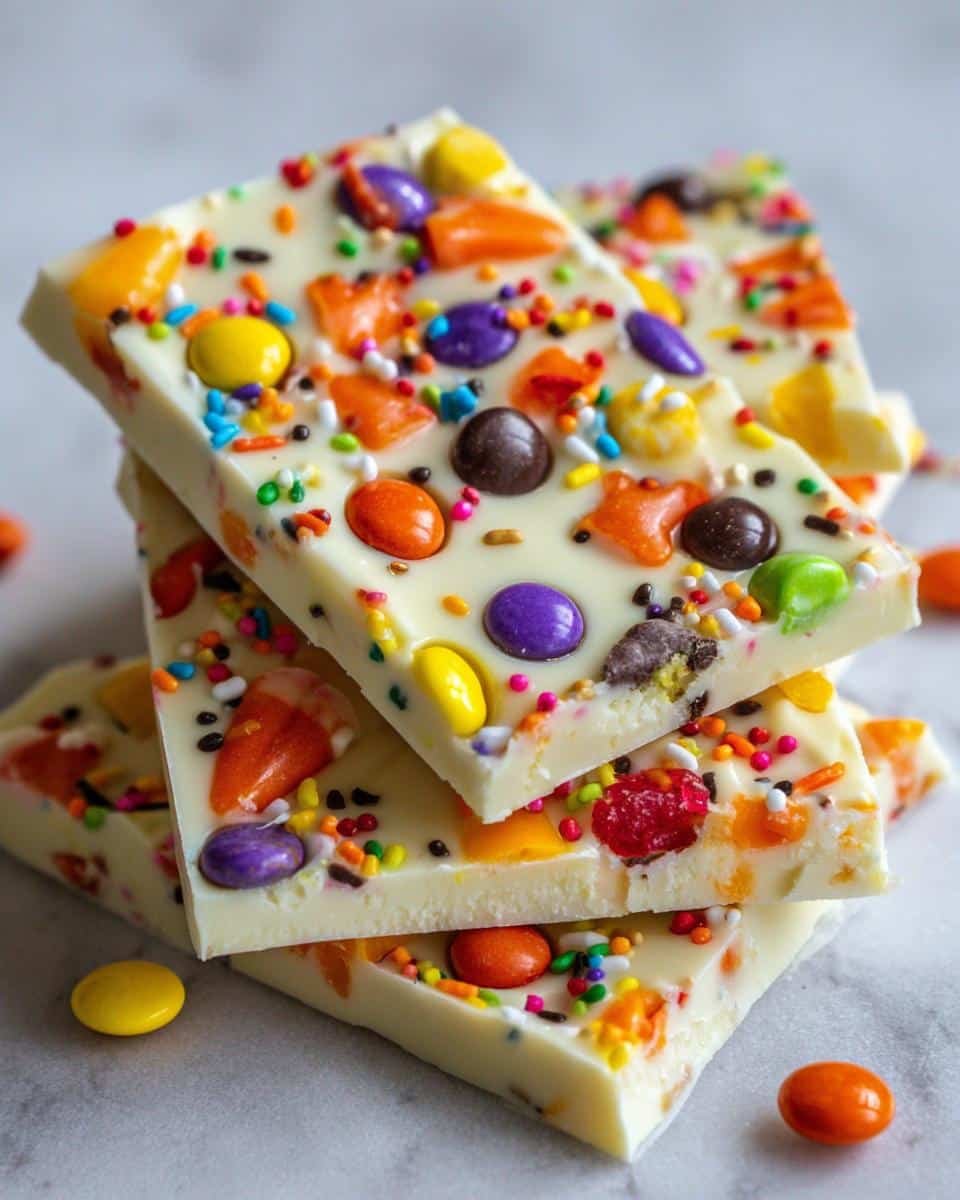 Close-up of stacked white chocolate Halloween Candy Bark with colorful candies and sprinkles.