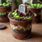 Close-up of a Halloween Graveyard Pudding Cup with chocolate pudding, cookie crumbs, green candies, and a tombstone.