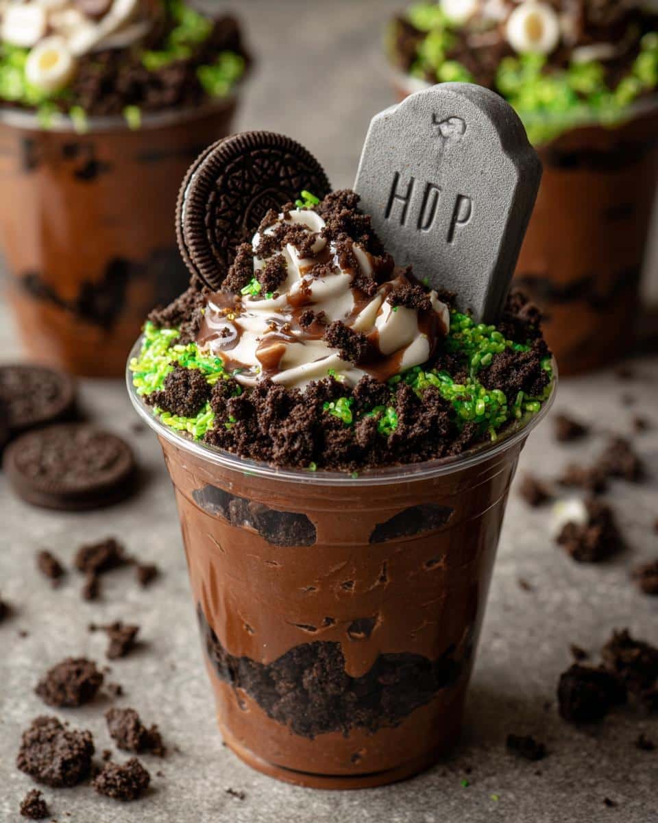 Close-up of a Halloween Graveyard Pudding Cup with chocolate pudding, crushed Oreos, green sprinkles, whipped cream, and a tombstone.