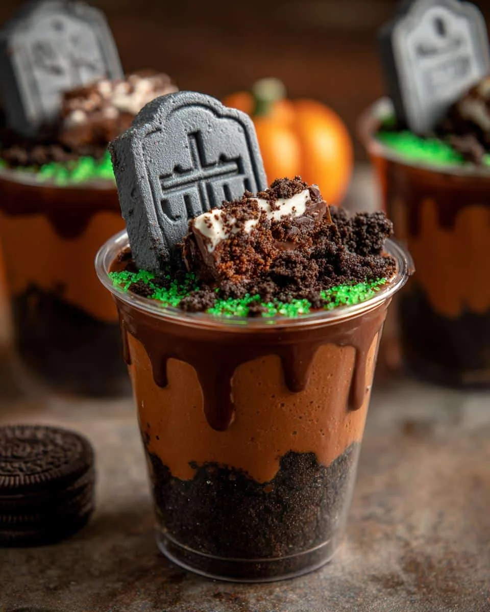 Close-up of a Halloween Graveyard Pudding Cup with chocolate pudding, crushed Oreos, green sprinkles, and a tombstone cookie.