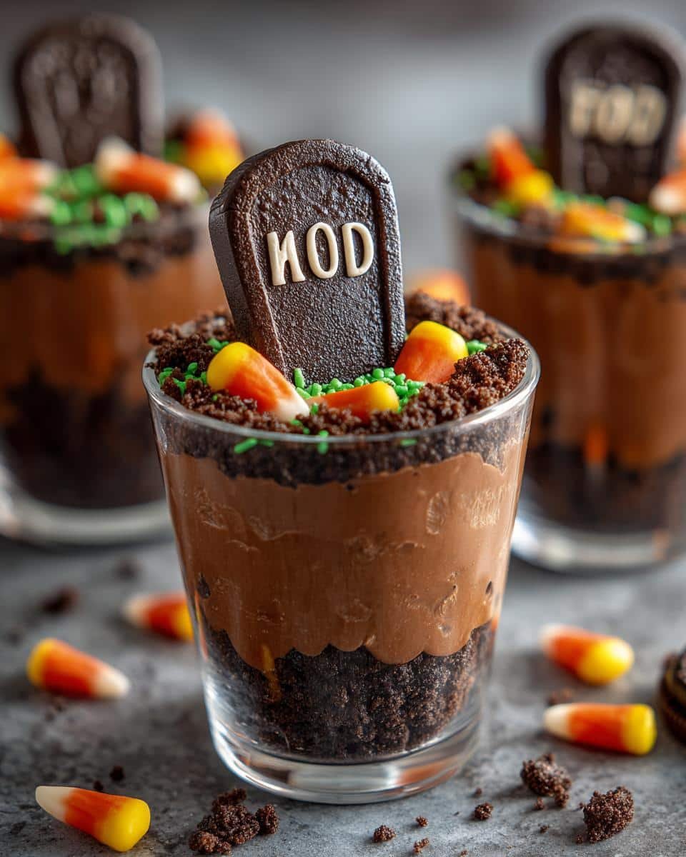 Close-up of a Halloween Graveyard Pudding Cup topped with crushed cookies, candy corn, and a chocolate tombstone.