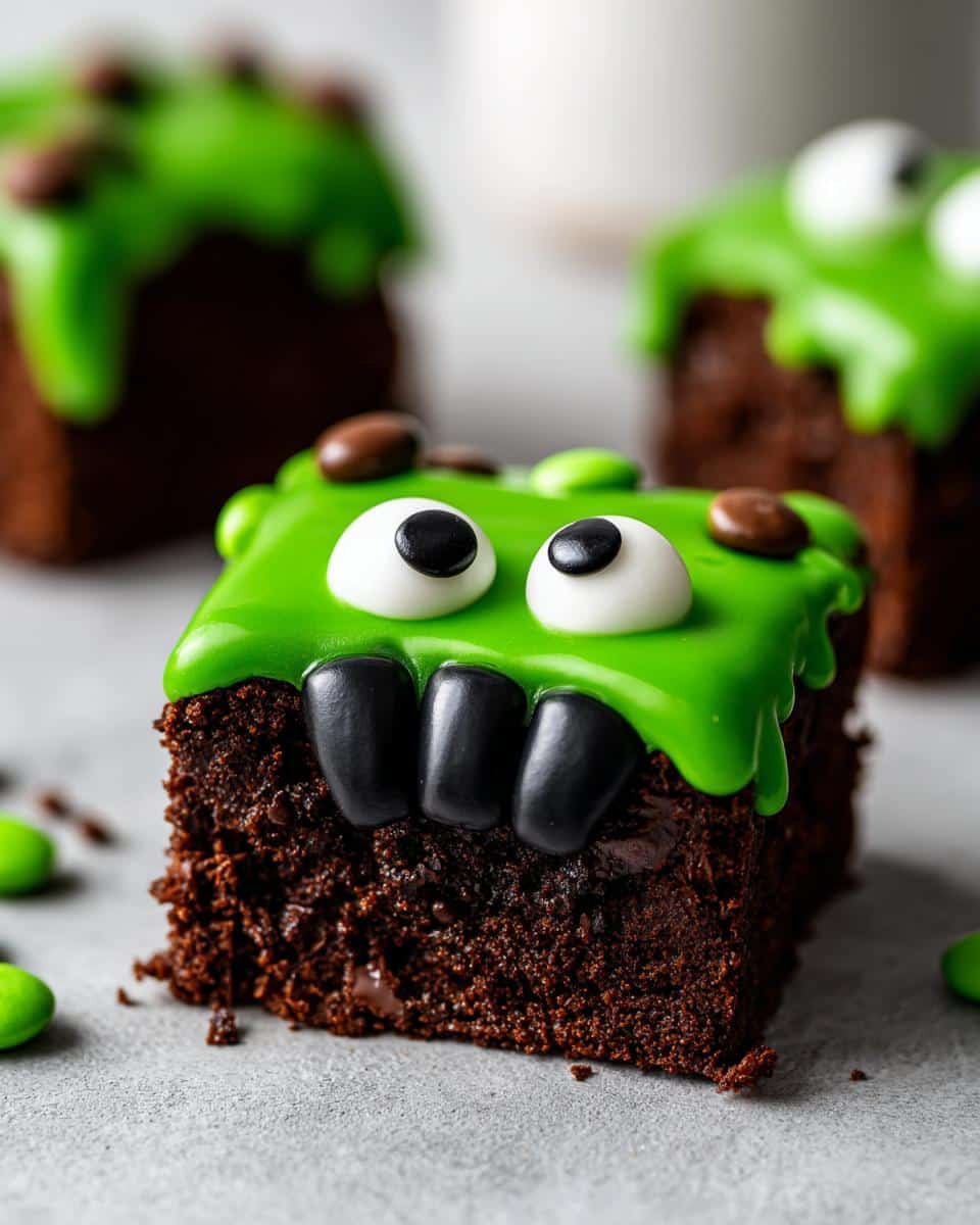 A close-up of a Halloween Monster Brownie, featuring rich chocolate cake topped with bright green icing, candy eyes, and black candy fangs.