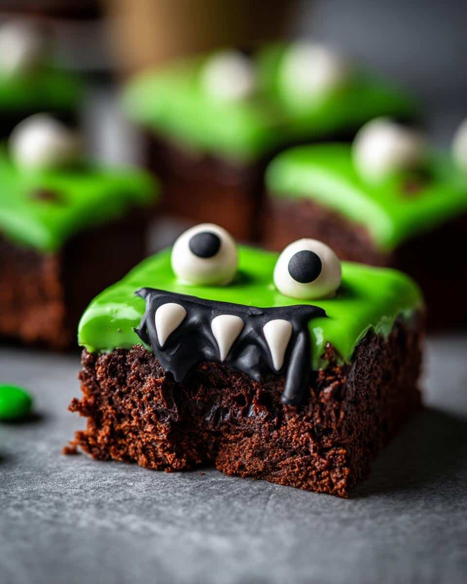 A close-up of a Halloween Monster Brownie topped with bright green icing, candy eyeballs, and black and white fangs.