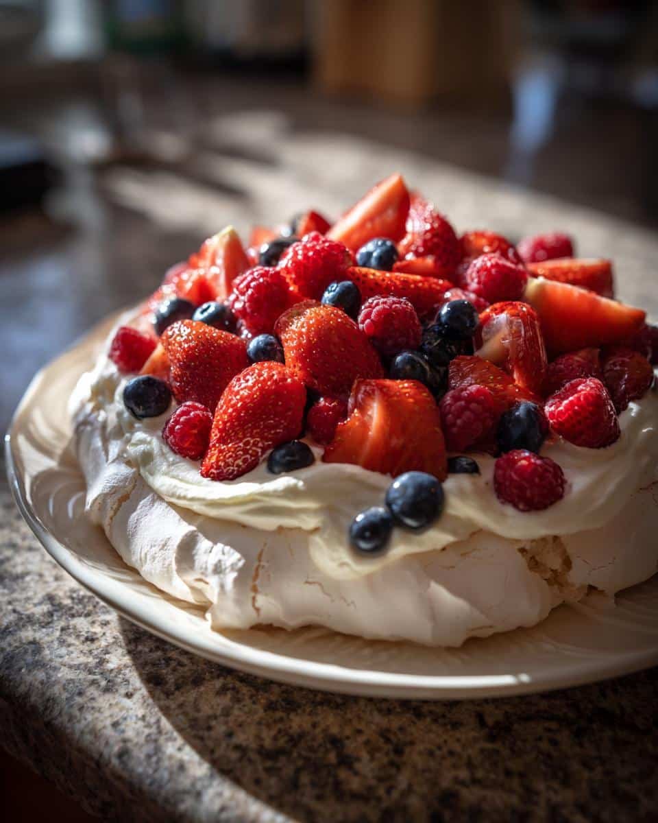 Close-up of a Holiday Pavlova with Berries, featuring a meringue base topped with whipped cream and fresh strawberries, blueberries, and raspberries.
